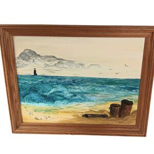 Vintage Original Lighthouse Beach Seagulls Acrylic Painting on Board Framed OOAK